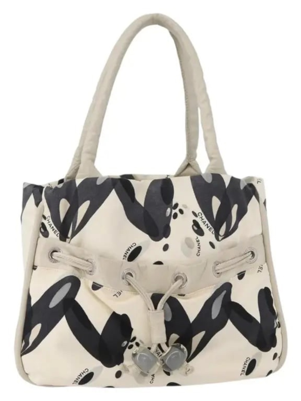Authentic CHANEL vintage mini beige black Surfline canvas tote
